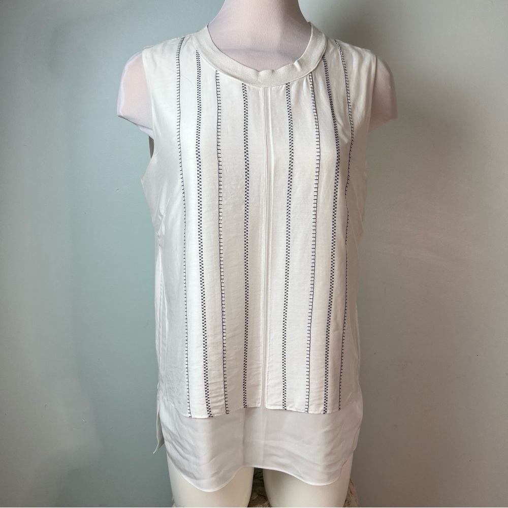 Etcetera White Sleeveless Blouse | Size 8 | Silk Blend with Black Stitch Detail